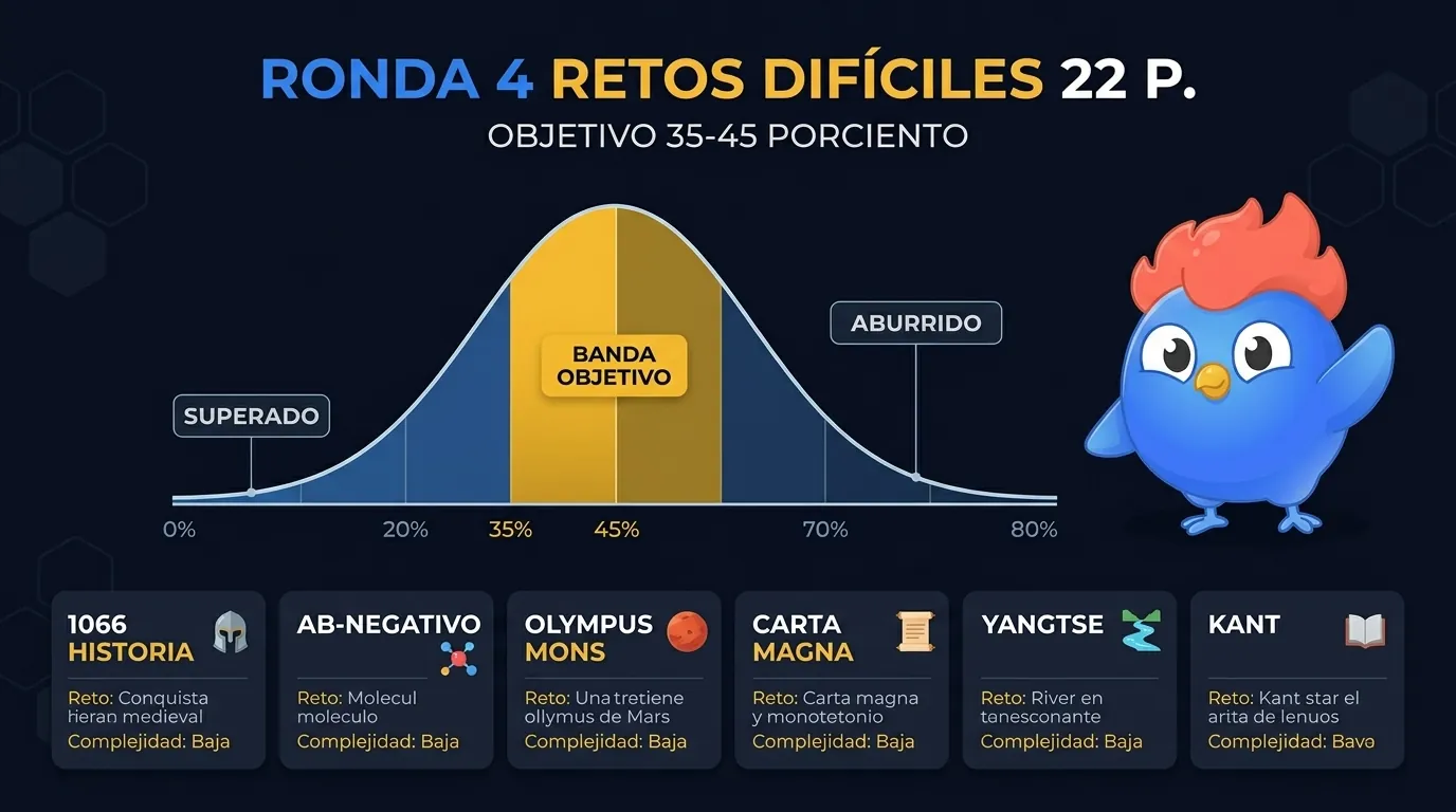 22 categorías de retos difíciles para la ronda 4: 1066 Batalla de Hastings Harold II, AB negativo sangre, Challenger Deep Fosa de las Marianas, número atómico 79 oro, Abisinia Etiopía, murciélago vuelo sostenido, Mar Muerto Israel Jordania, Salvador Dalí relojes blandos, ácido desoxirribonucleico, Carta Magna 1215, Olympus Mons Marte, Gabriel García Márquez, Estrecho de Gibraltar, Dong Vietnam, Beethoven sordo Novena, Sudán más pirámides que Egipto, Yangtsé más largo Asia, Guerra de los Treinta Años 1618-1648, Einstein 1915 relatividad, Rebelión Bóxer China, Kant Crítica de la razón pura, Dewey 10 clases