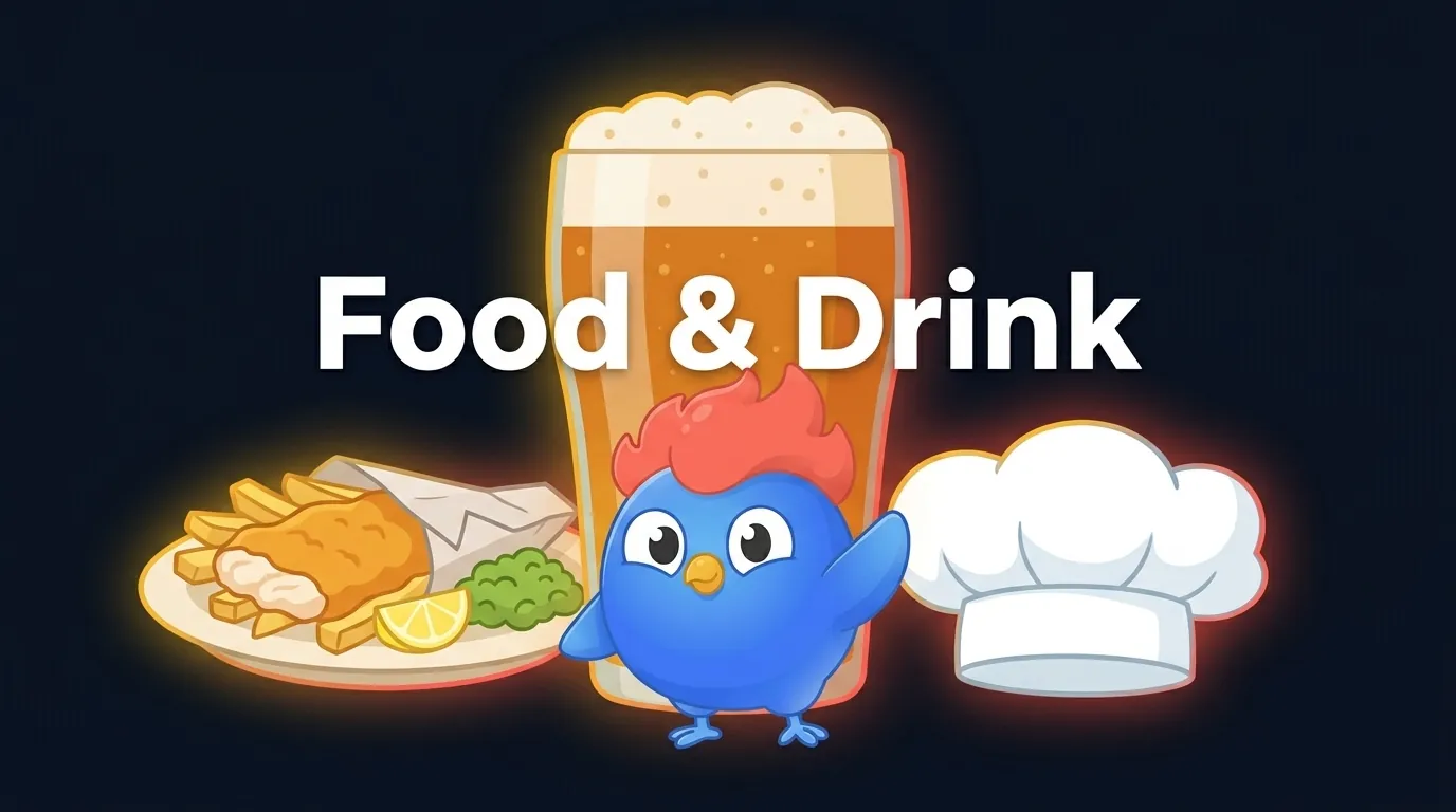 Round 6 pub quiz food and drink: pint glass, fish and chips, and chef hat in gold and coral glow