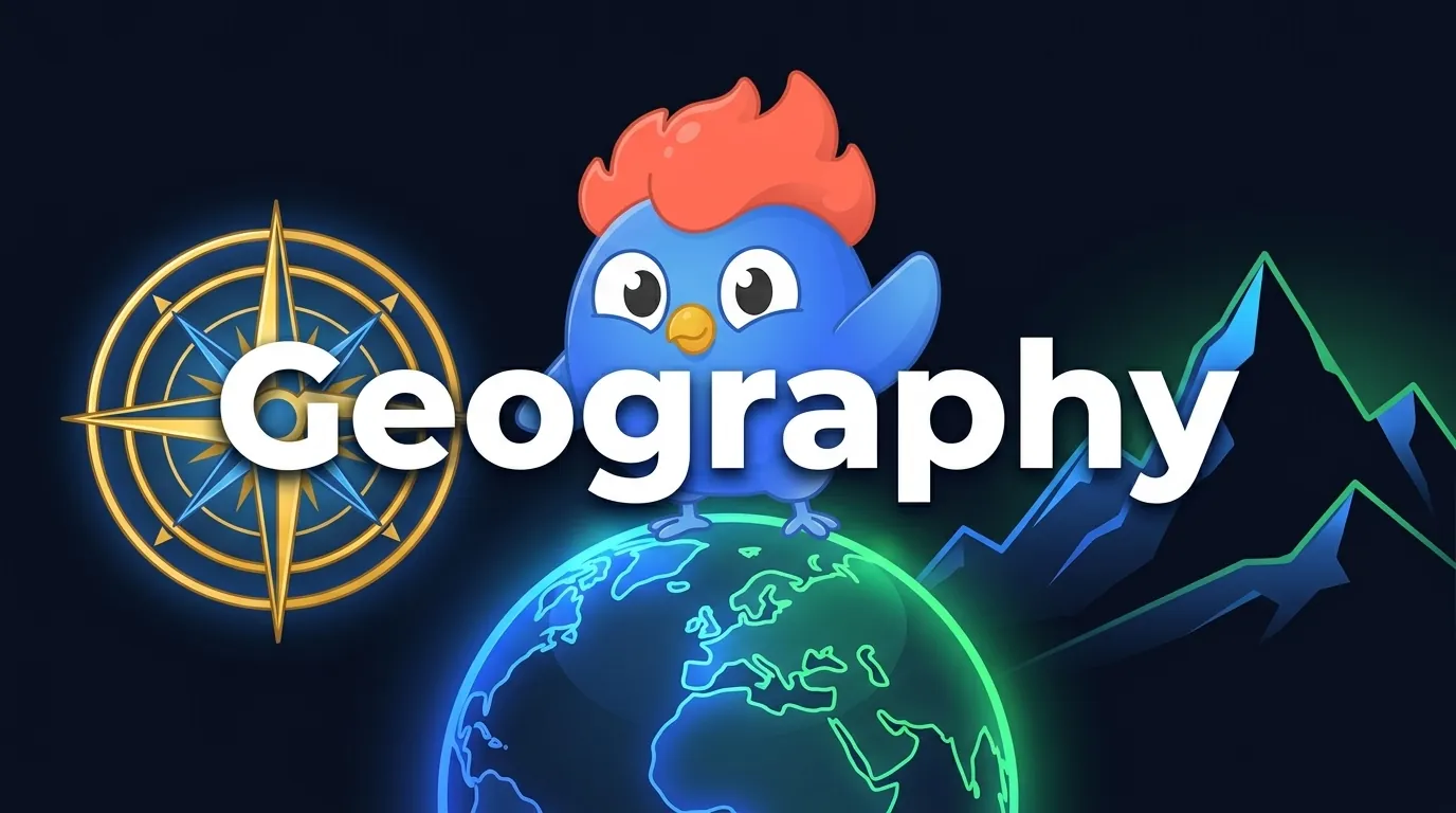 Round 3 pub quiz geography: globe, compass rose, and mountain silhouette in blue and green glow