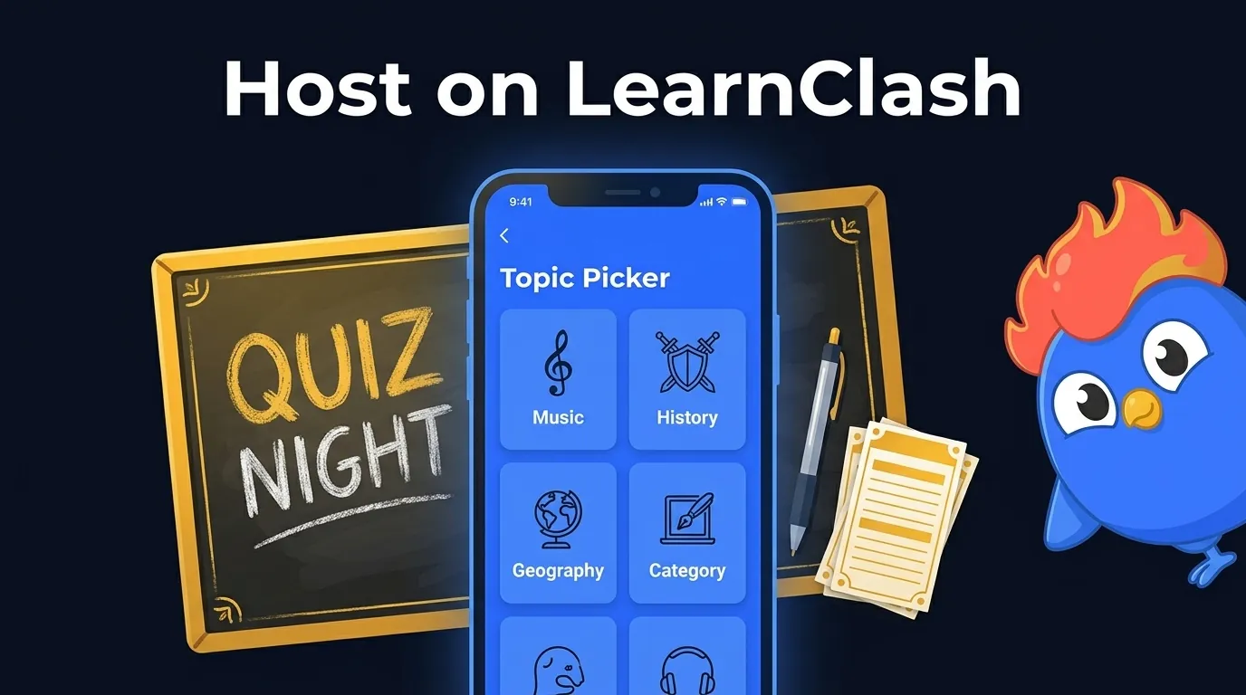LearnClash as a pub quiz host tool: smartphone screen mockup with topic picker, chalkboard reading 'QUIZ NIGHT', and Clash mascot peeking in