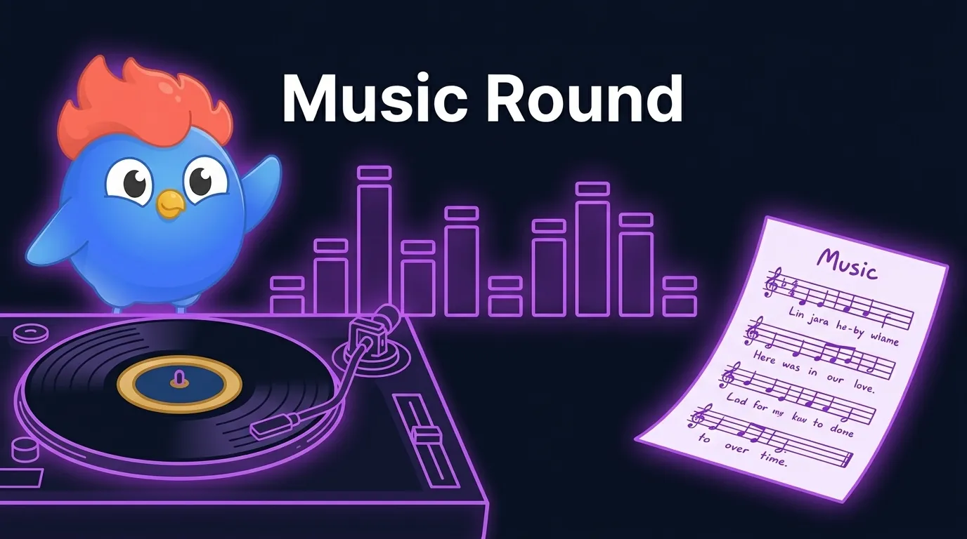 Music round: equalizer with bars of varying heights, vinyl on turntable, and handwritten lyric sheet in purple glow