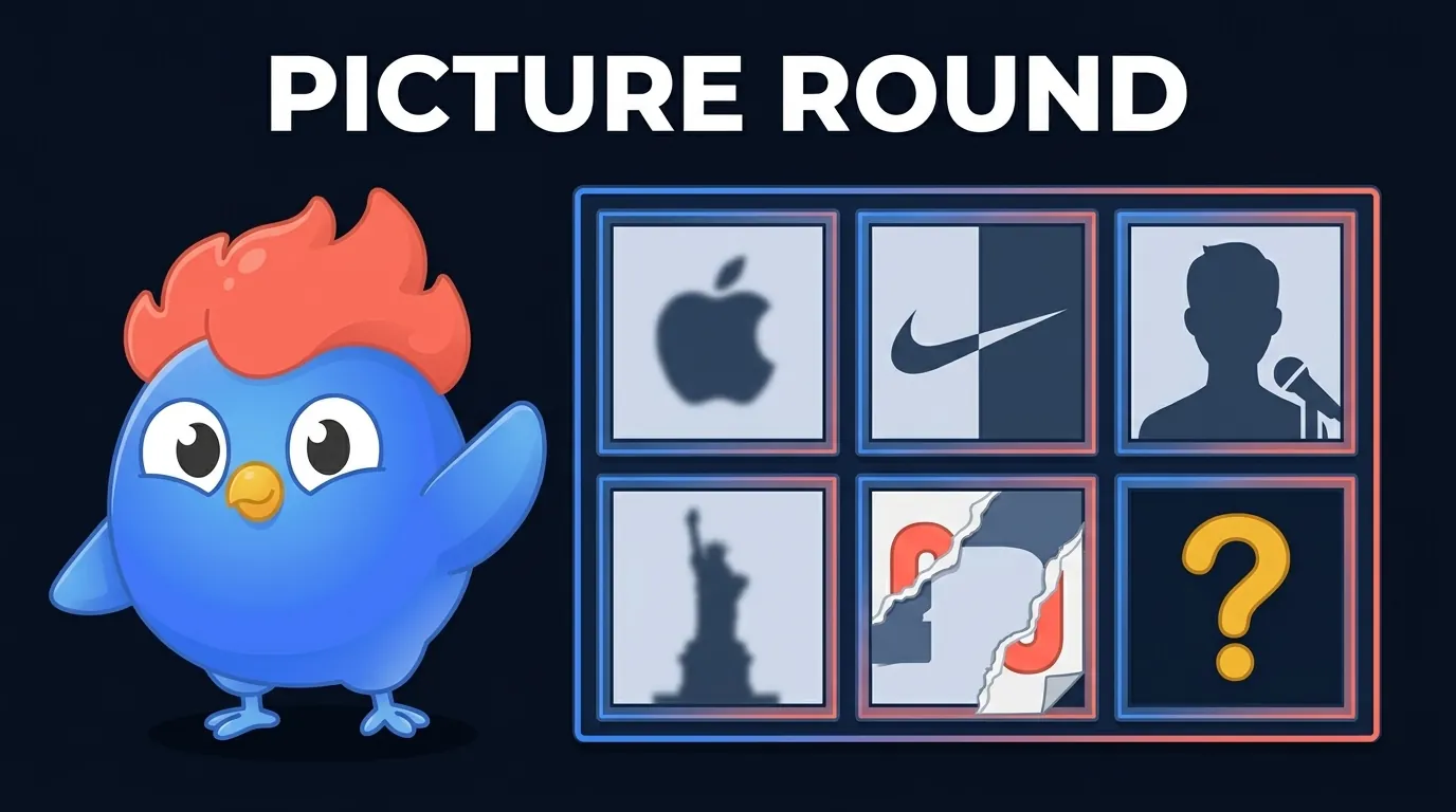 Pub quiz picture round: 2x3 pinboard grid with obscured logos and silhouettes, framed like a picture sheet