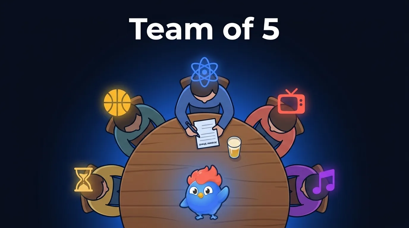 Pub quiz team of 5: top-down view of a round pub table with 5 figures, each with a specialist icon over their head, one holding the answer sheet