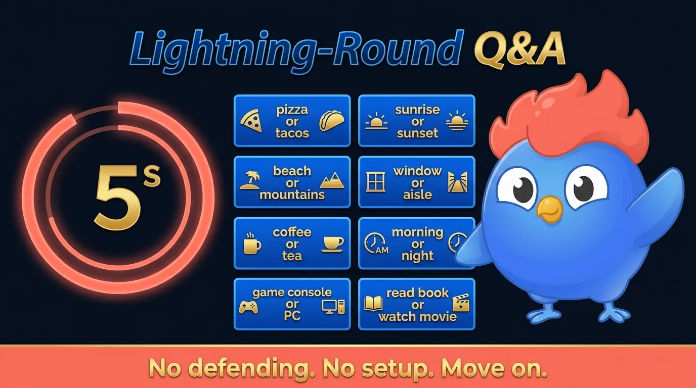 Lightning-round timer graphic with 5-second answer cap, 19 prompt cards in two columns, and a "no defending, no setup, just answer" caption
