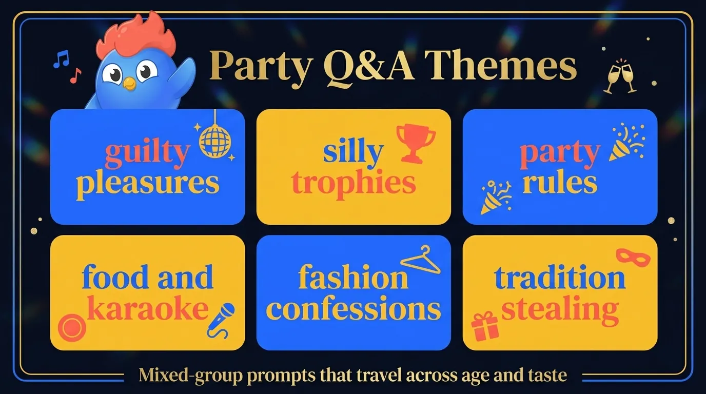 Party Q&A theme grid with 6 cards: guilty-pleasure picks, silly trophies, party rules, food and karaoke, fashion confessions, and tradition stealing
