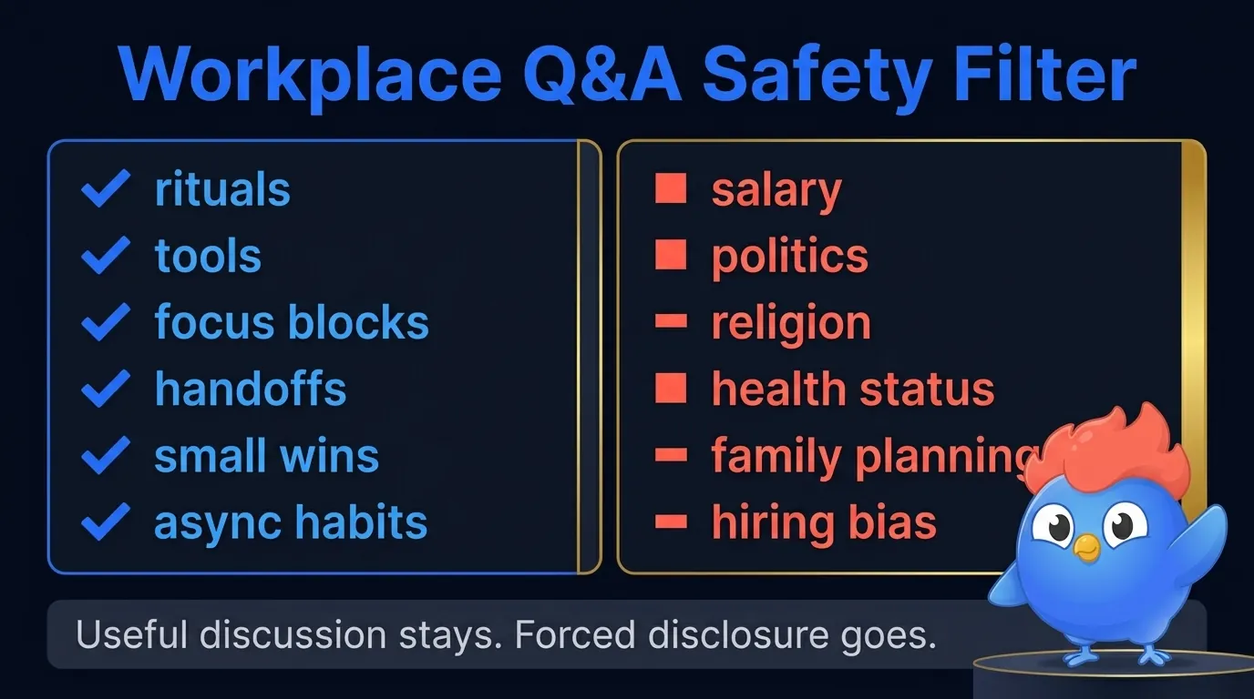 Work-safe filter diagram with 6 approved themes (rituals, tools, focus, handoffs, wins, async habits) on the left and 6 blocked categories (salary, politics, religion, health, family planning, hiring bias) on the right