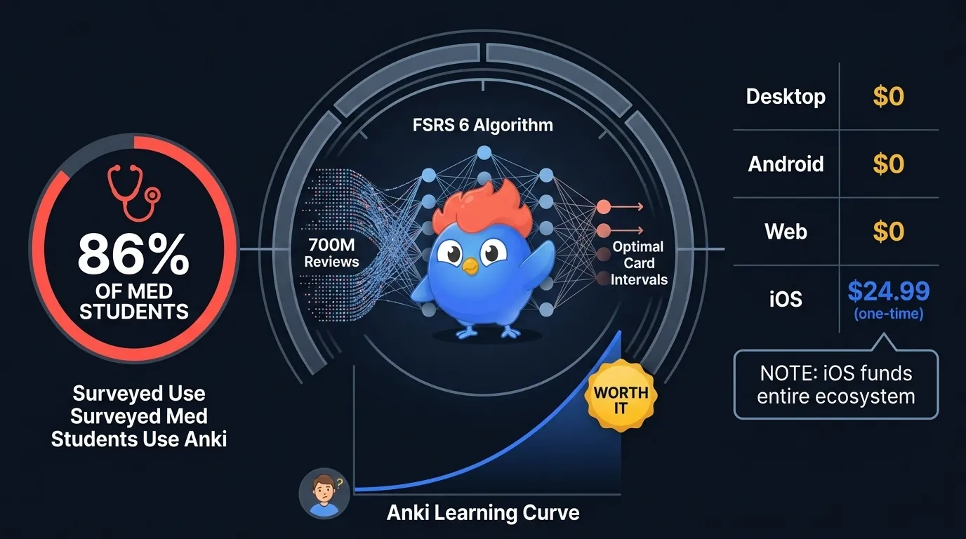 Infografía de Anki: algoritmo FSRS 6 entrenado con 700 millones de revisiones, el 86% de los estudiantes de medicina lo usan, gratis en escritorio y Android, $24.99 pago único en iOS