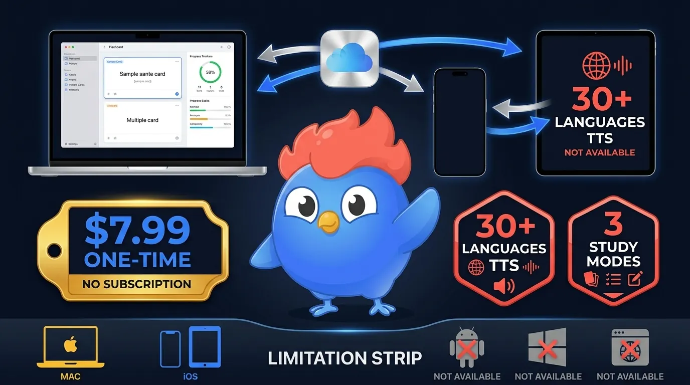 Flashcard Hero en el ecosistema Apple: app nativa para Mac e iOS, sincronización por iCloud, $7.99 pago único, sin soporte para Android ni web