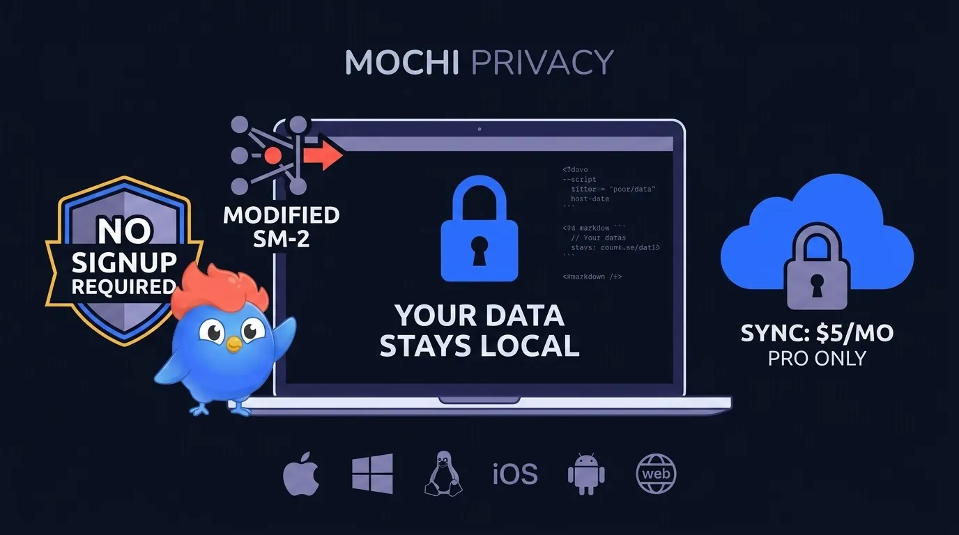 Mochi, privacidad local: los datos se quedan en tu ordenador, sin necesidad de registro, sincronización en la nube disponible por $5/mes en el nivel Pro