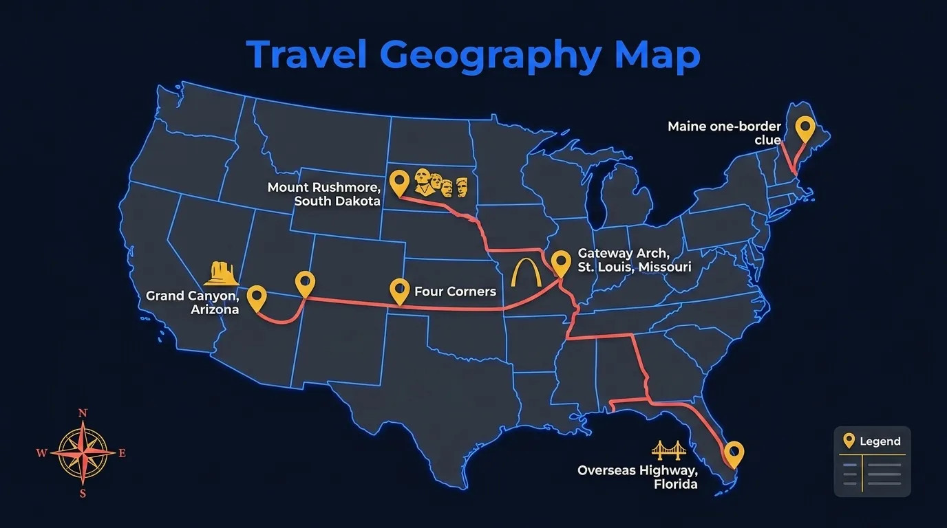 12 Reise- und Geographiefragen, gemappt auf Grand Canyon, Mount Rushmore, Gateway Arch, Maine, Four Corners und Overseas Highway