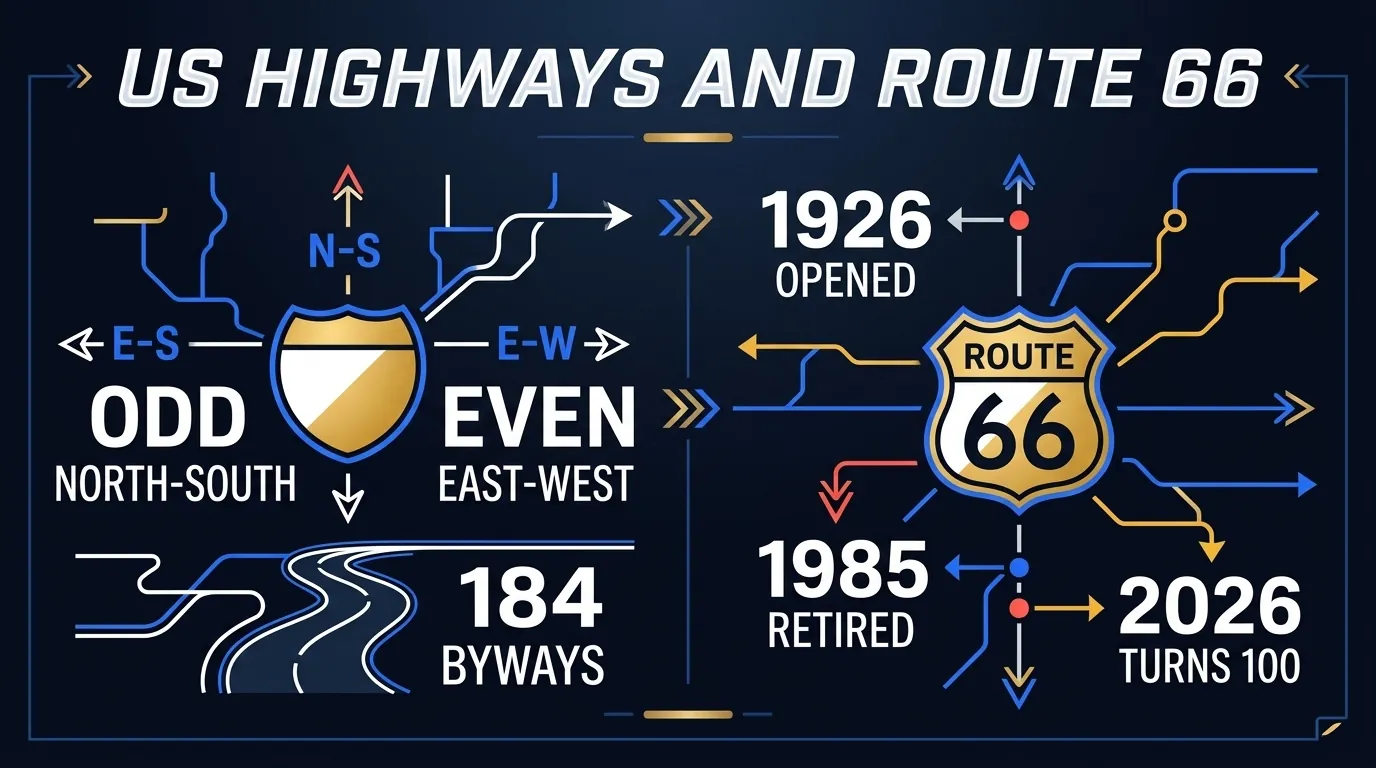 13 Fakten zu US-Highways und Route 66 mit 1926, 1985, 8 Staaten, Interstate-Regeln für gerade und ungerade Nummern sowie 184 America's Byways