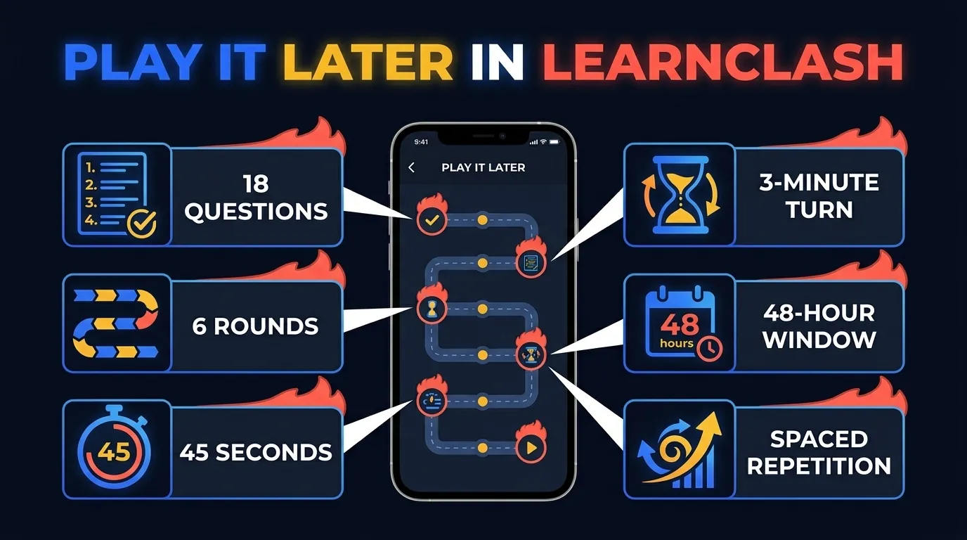 LearnClash-Roadtrip-Duell-Ablauf mit 18 Fragen, 6 Runden, 45 Sekunden pro Frage, 3-Minuten-Zug, 48-Stunden-Async-Fenster und verteiltem Lernen