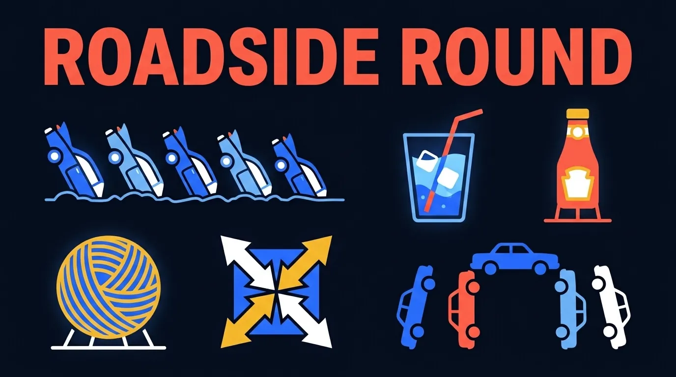 12 Quizkarten zu Roadside Attractions, darunter Cadillac Ranch, Wall Drug, Catsup Bottle, Ball of Twine, Corn Palace, Four Corners und Carhenge