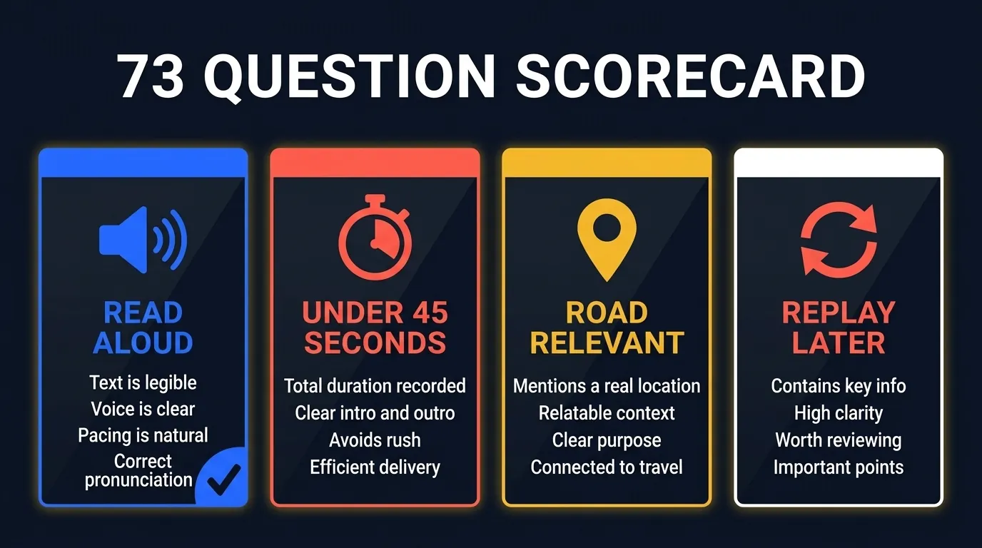 LearnClash-Roadtrip-Quiz-Scorecard mit 73 Fragen, sortiert nach Sicherheit, Antworttempo, Fensterbezug und Wiederspielwert