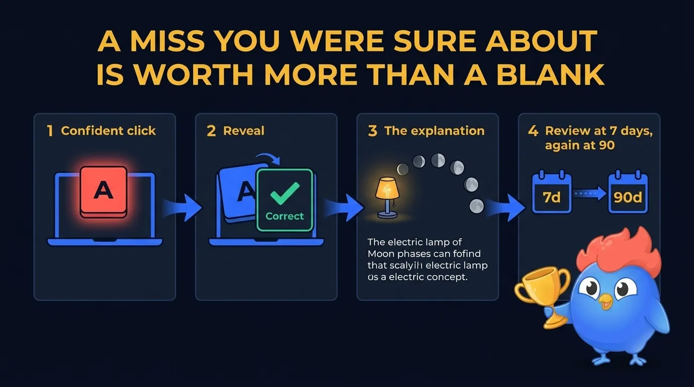 Infographic showing how a confident wrong answer becomes a memory hook: the wrong click, the reveal, the explanation, and the 7-day and 90-day LearnClash spaced repetition checkpoints