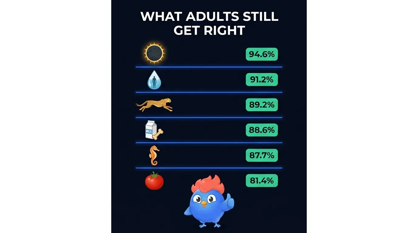 Infographic of the science facts adults get right on LearnClash: solar eclipse 94.6%, human body is mostly water 91.2%, cheetah fastest land animal 89.2%, calcium builds bones 88.6%, seahorse males give birth 87.7%, tomato is a fruit 81.4%