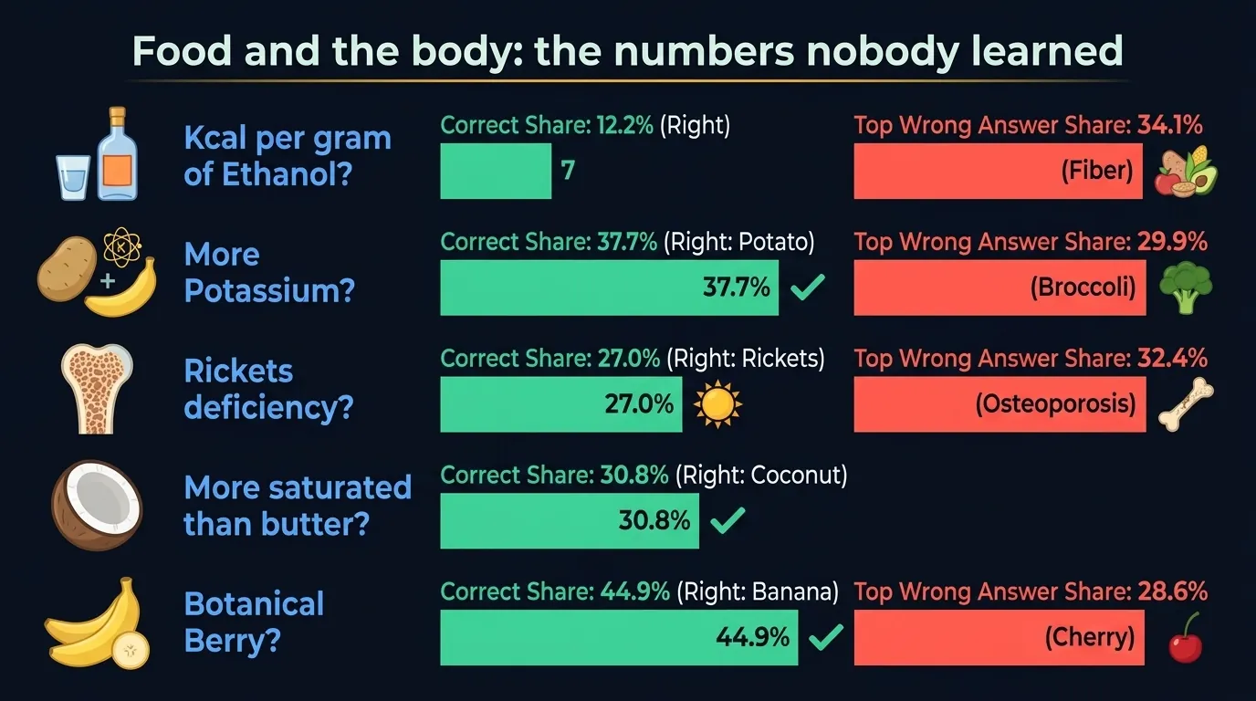 Infographic of five nutrition questions adults miss on LearnClash: energy per gram of ethanol, potassium in potato versus banana, rickets, coconut oil saturated fat and the banana as a berry, each with correct rate, top wrong answer and sample size