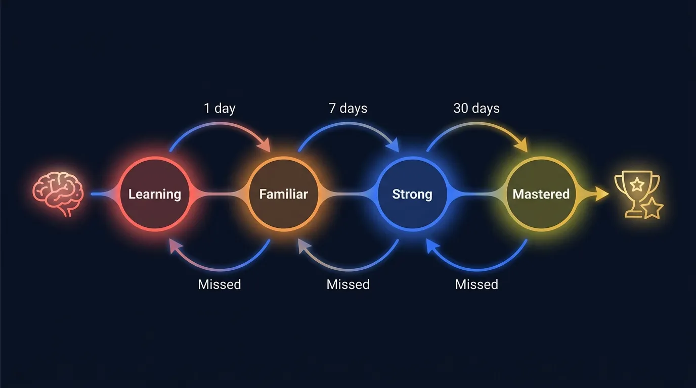 LearnClash spaced repetition cycle: questions progress through 4 mastery stages (Learning, Familiar, Strong, Mastered) with review intervals at 1, 7, and 30 days based on accuracy