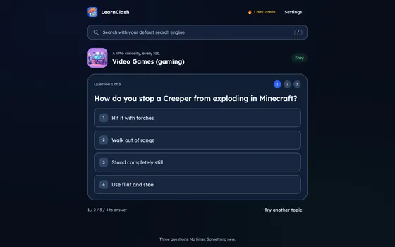 Nouvel onglet LearnClash affichant la première question au niveau Facile