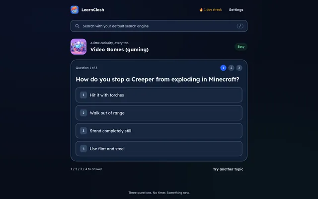 Nouvel onglet LearnClash affichant la première question au niveau Facile