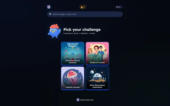 Extension nouvel onglet LearnClash affichant 4 sujets de quiz aléatoires