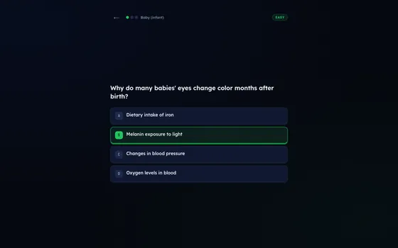 Écran de question montrant une bonne réponse surlignée en vert