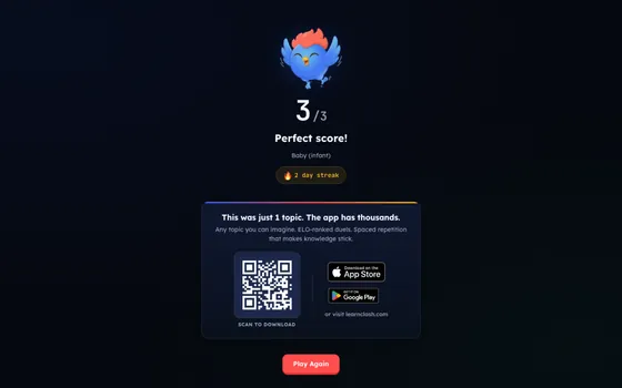 Écran de résultats avec un score de 2 sur 3, CTA de téléchargement et QR code