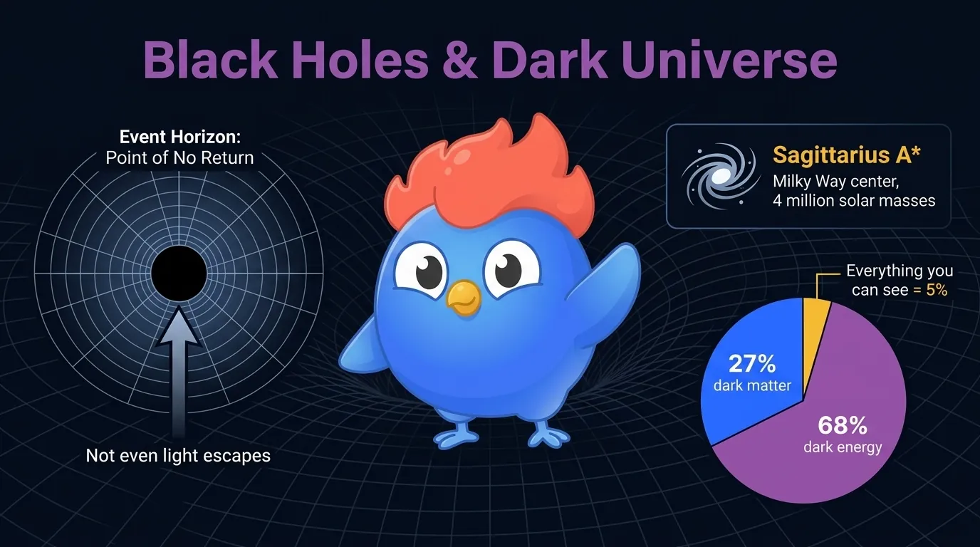 Black holes section infographic: event horizon diagram showing point of no return, Sagittarius A-star at 4 million solar masses, dark matter 27 percent and dark energy 68 percent and visible matter 5 percent pie chart
