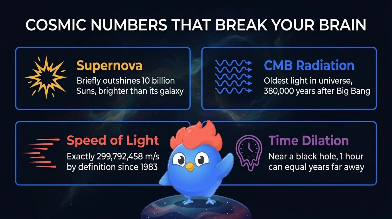 Cosmic phenomena comparison infographic: supernova can briefly outshine an entire galaxy, cosmic microwave background is 380,000 years old, speed of light is exactly 299,792,458 meters per second, light from the farthest observable objects left 13.8 billion years ago