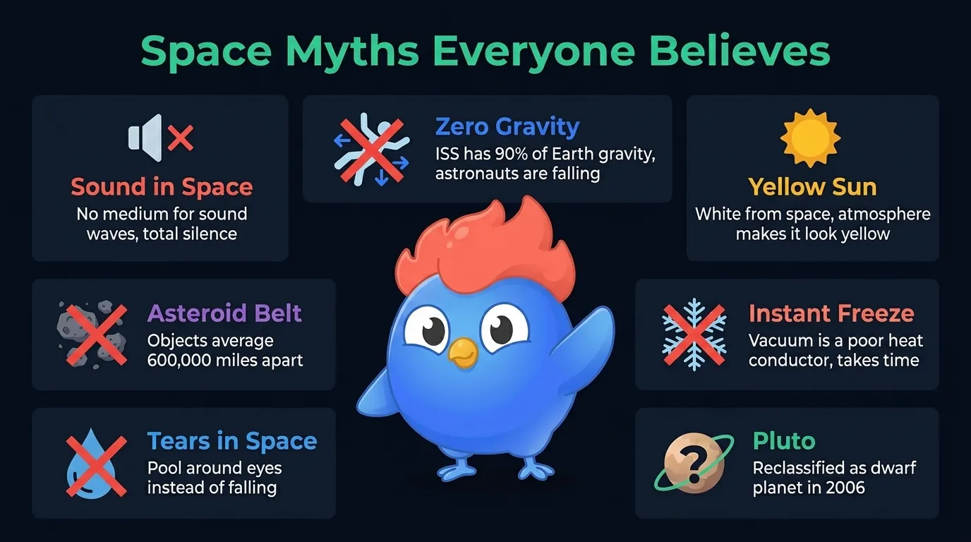 Space misconceptions MYTH vs REALITY cards: zero gravity myth, Sun is yellow myth, asteroid belt is dense myth, sound in space myth, instant freezing in space myth, tears fall normally myth, Pluto is a planet myth