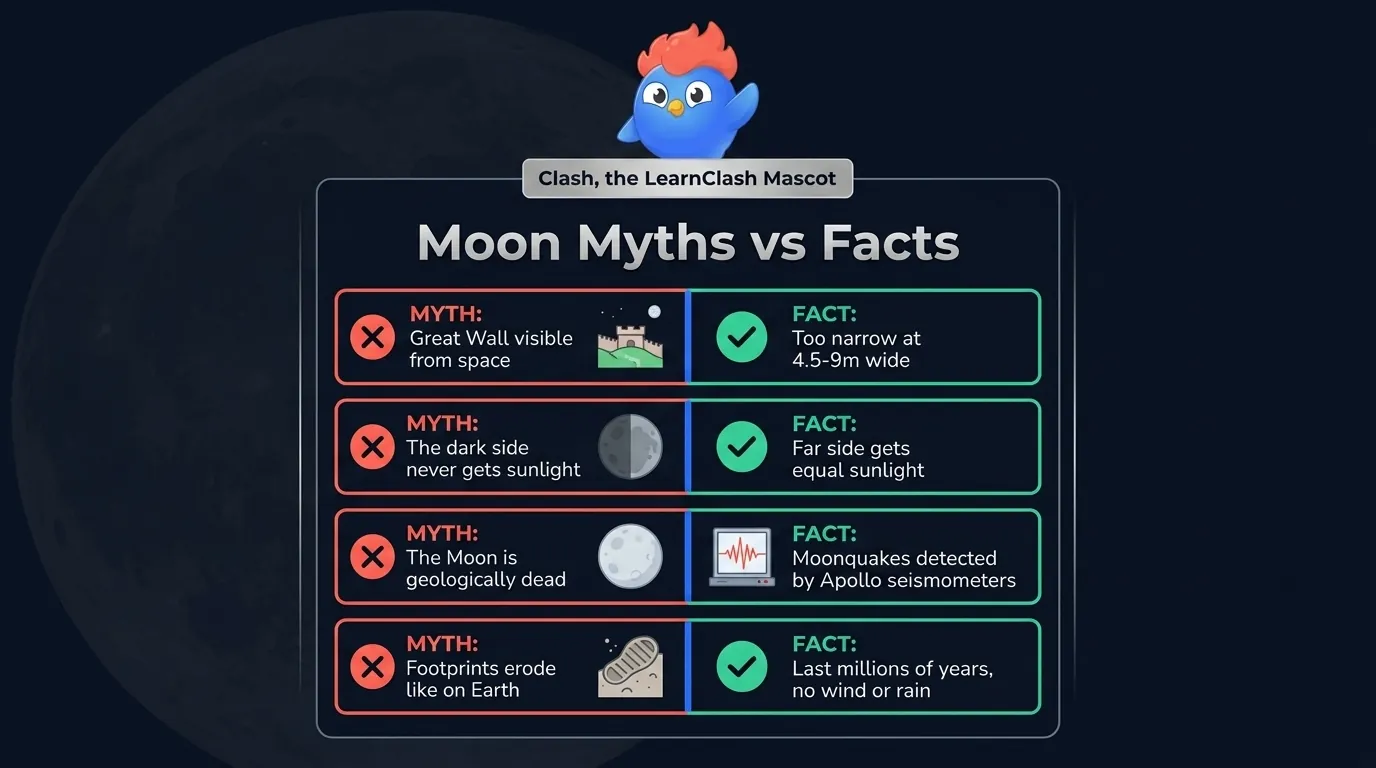 Moon myth-busting infographic: MYTH the Great Wall is visible from space vs FACT it's too narrow, MYTH the dark side never gets sunlight vs FACT it gets equal sunlight, MYTH the Moon is geologically dead vs FACT moonquakes are real, MYTH footprints erode vs FACT they last millions of years