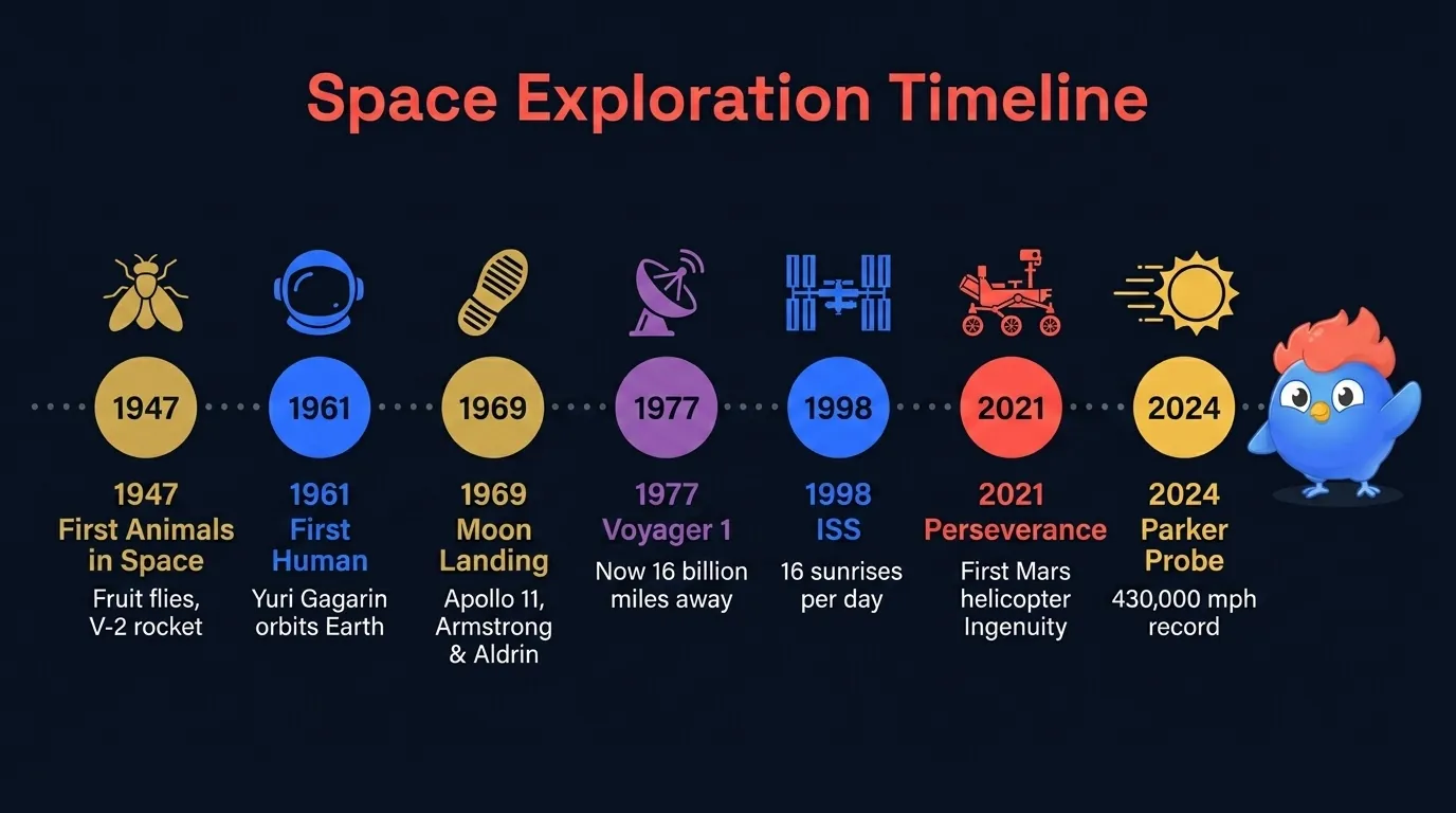 NASA milestones timeline: fruit flies 1947, Gagarin 1961, Apollo 11 Moon landing 1969, Voyager 1 launched 1977, ISS construction began 1998, Perseverance Mars landing 2021, Parker Solar Probe record speed 2024