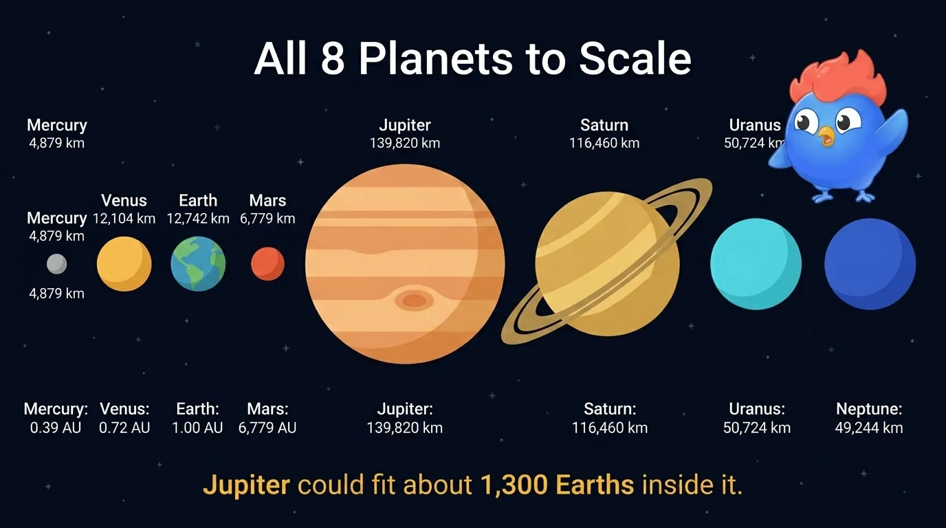 Planet size comparison chart showing all 8 planets to scale: Mercury 4,879 km diameter, Venus 12,104 km, Earth 12,742 km, Mars 6,779 km, Jupiter 139,820 km, Saturn 116,460 km, Uranus 50,724 km, Neptune 49,244 km