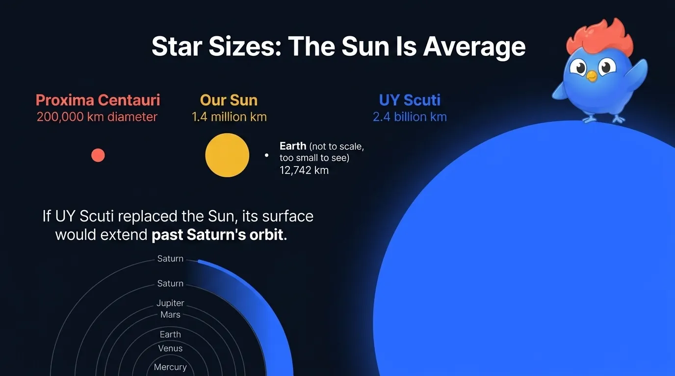 Star size comparison: Sun at 1.4 million km diameter shown next to tiny Proxima Centauri at 200,000 km and massive UY Scuti at 2.4 billion km, with Earth barely visible as a dot