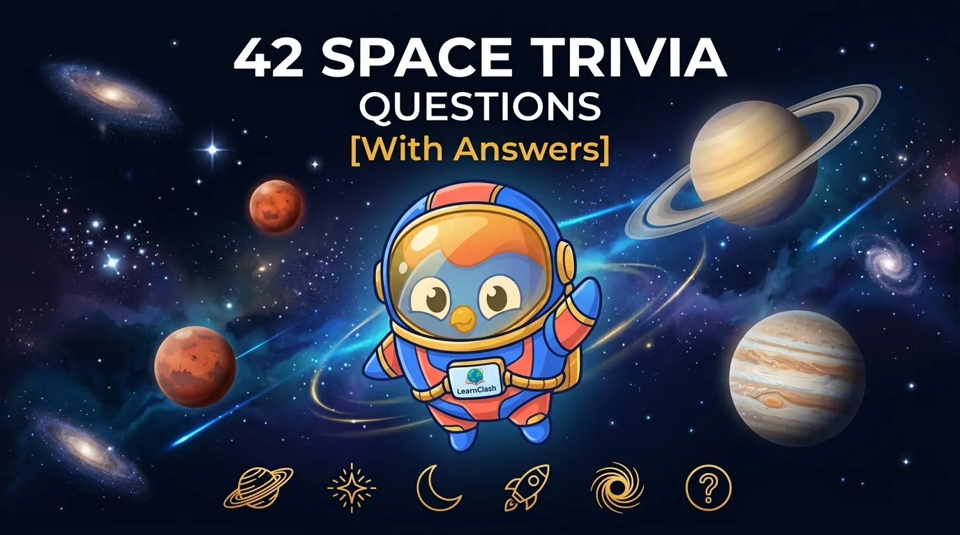 42 space trivia questions hero with Clash mascot in space suit floating among planets, stars, and nebulae, plus 6 category icons at the bottom for planets, stars, moon, rocket, black hole, and misconceptions