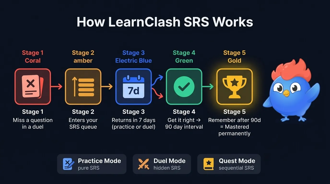 Flux SRS de LearnClash : une question ratée entre dans la file de révision, revient dans 7 jours pour les mauvaises réponses, 90 jours pour les bonnes réponses, trois stades d'Apprentissage à Connu à Maîtrisé de manière permanente