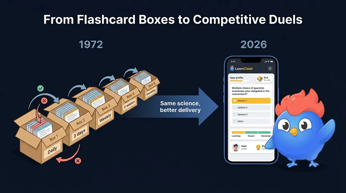 Évolution du système Leitner : des boîtes de cartes mémoire physiques de 1972 avec planification manuelle au SRS numérique LearnClash avec intervalles calculés par algorithme pour chaque question et duels compétitifs classés ELO