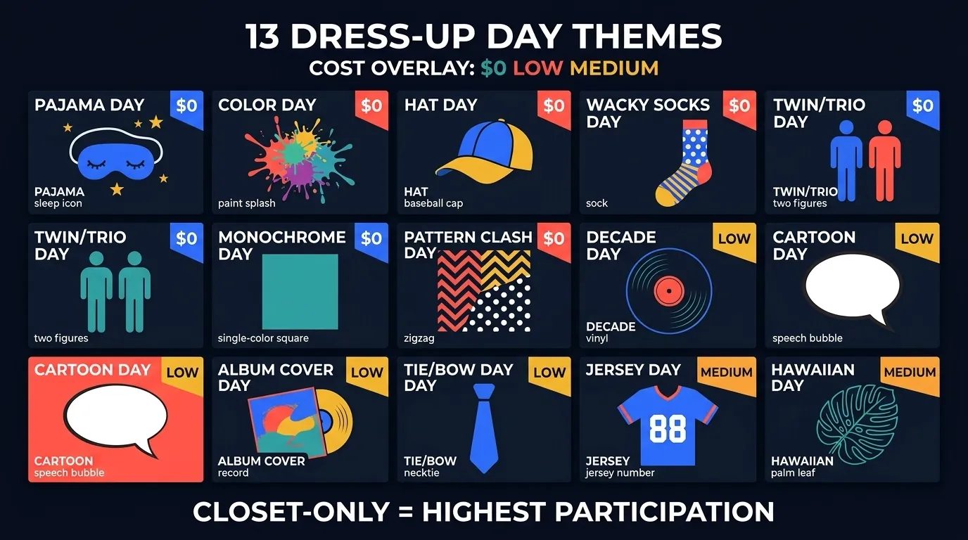 13 dress-up day themes for work with cost overlay: Pajama, Color, Hat, and Wacky Socks at $0; Twin, Pattern Clash, Monochrome at low cost; Decade, Cartoon, Album Cover at medium cost