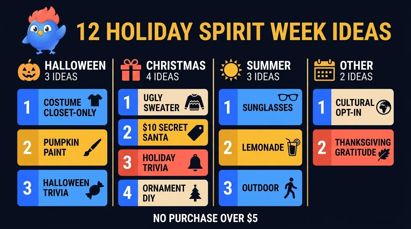 Editorial infographic: seasonal spirit week sub-themes showing Halloween costume contest with no-purchase rule, Christmas ugly sweater day with closet-only rule, Summer sunglasses and outdoor lunch, and Thanksgiving gratitude round with low-cost variations highlighted