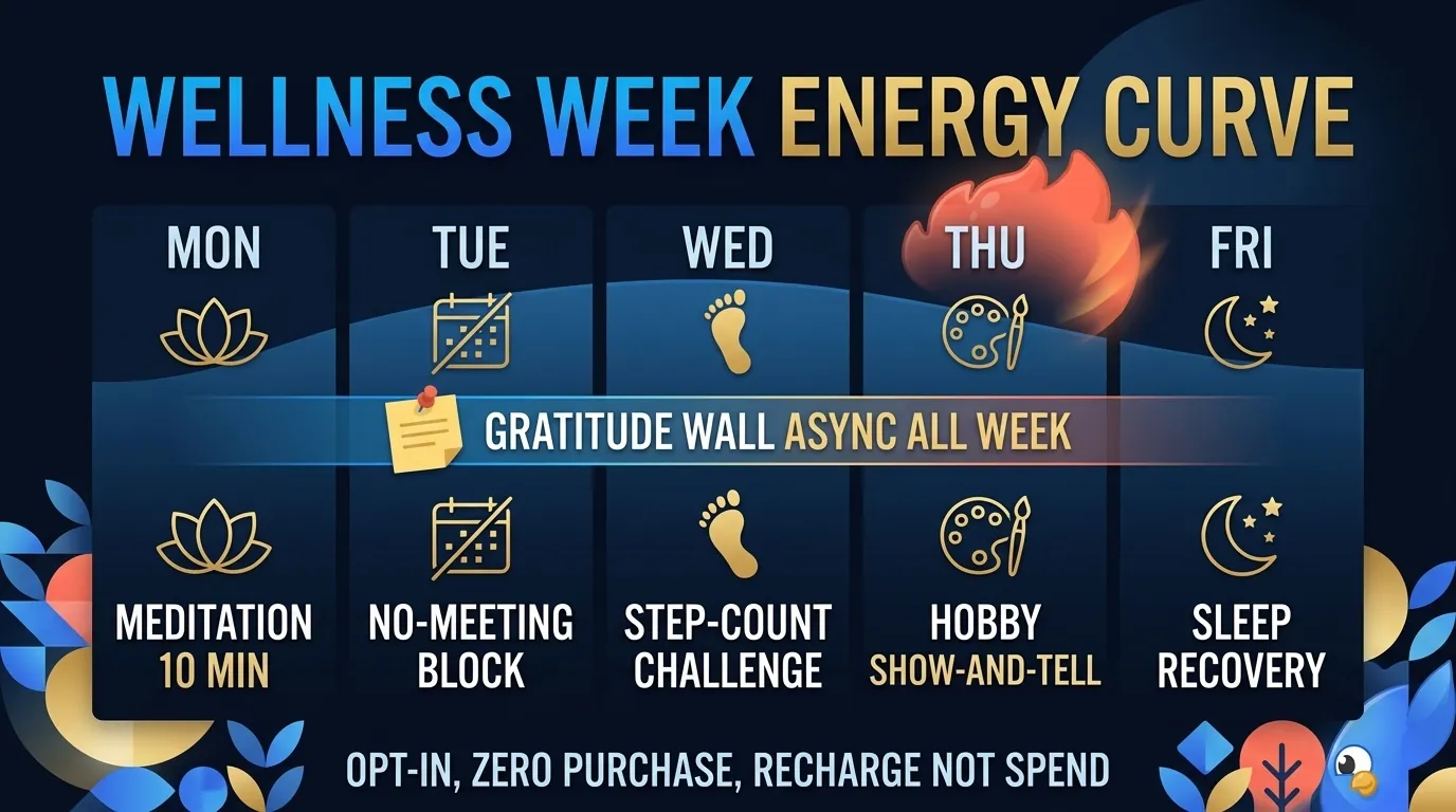 Editorial infographic: 5-day wellness energy curve from Monday meditation morning through Tuesday no-meeting block, Wednesday step-count challenge, Thursday hobby show-and-tell, and Friday sleep recovery with anonymous gratitude wall overlaid