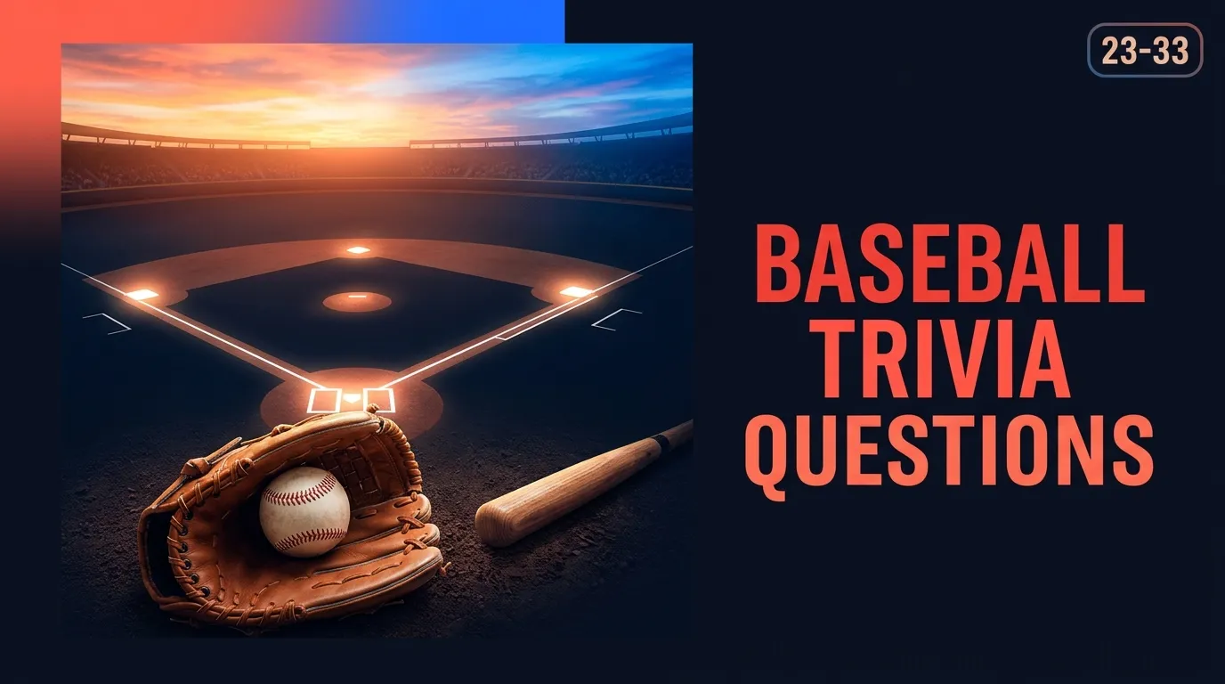 Baseball diamond with glowing bases, a baseball glove, and bat with sunset stadium atmosphere representing MLB trivia