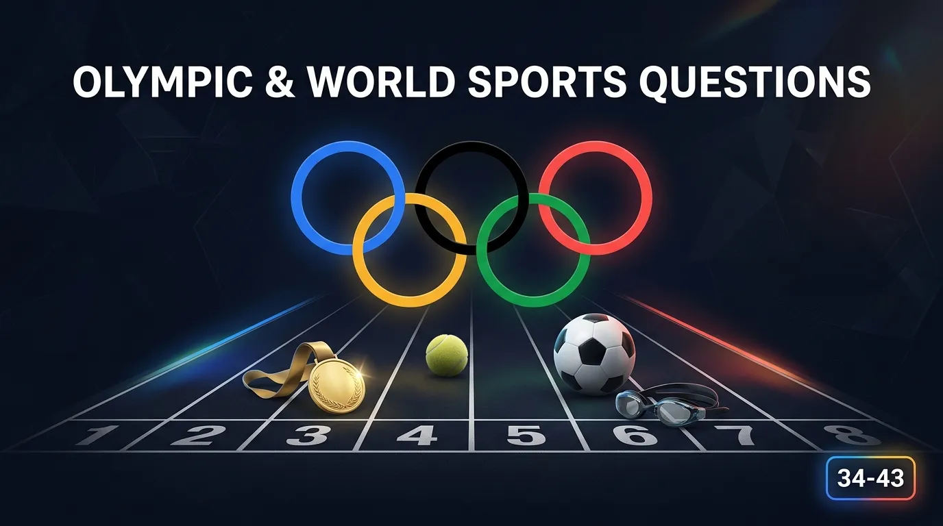 Olympic rings floating above a running track with gold medal, tennis ball, soccer ball, and swimming goggles representing world sports trivia
