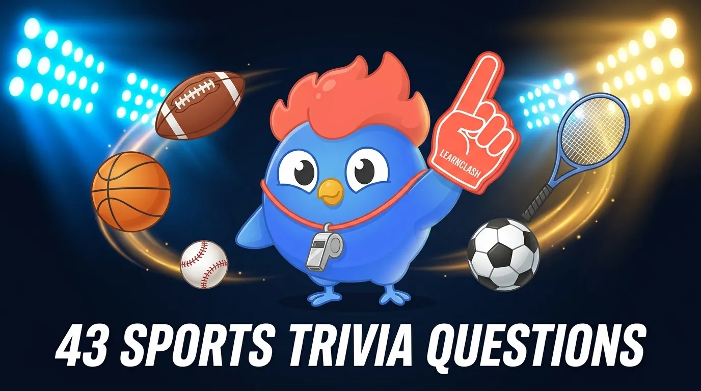 43 sports trivia questions covering football, basketball, baseball, and Olympics with difficulty levels from easy to hard