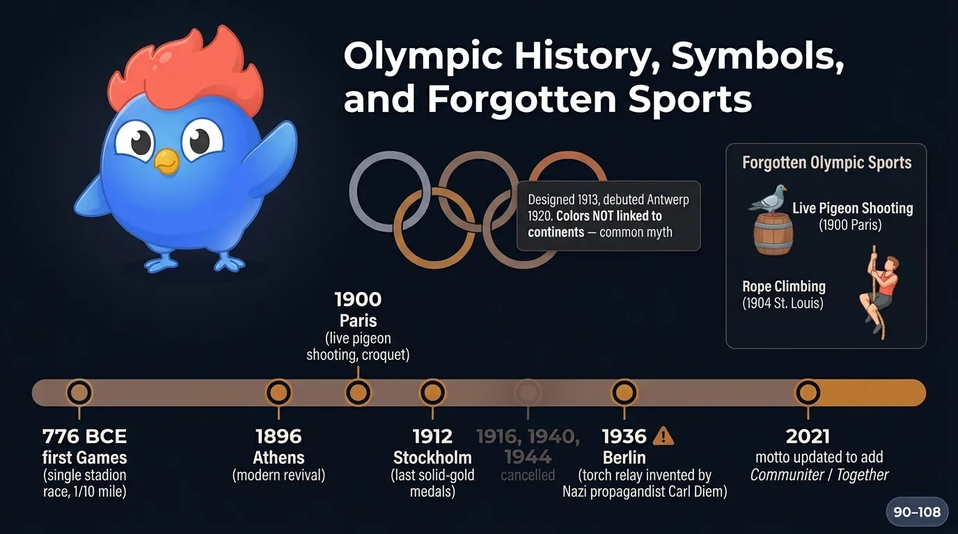 Games history timeline: 776 BCE first ancient Games (single stadion race), 1896 modern revival in Athens, 1900 Paris (live pigeon shooting and croquet), 1912 Stockholm (last solid-gold medals), 1916, 1940, 1944 cancelled due to world wars, 1936 Berlin (Nazi propaganda torch relay invented by Carl Diem), 2021 motto updated to add Communiter or Together