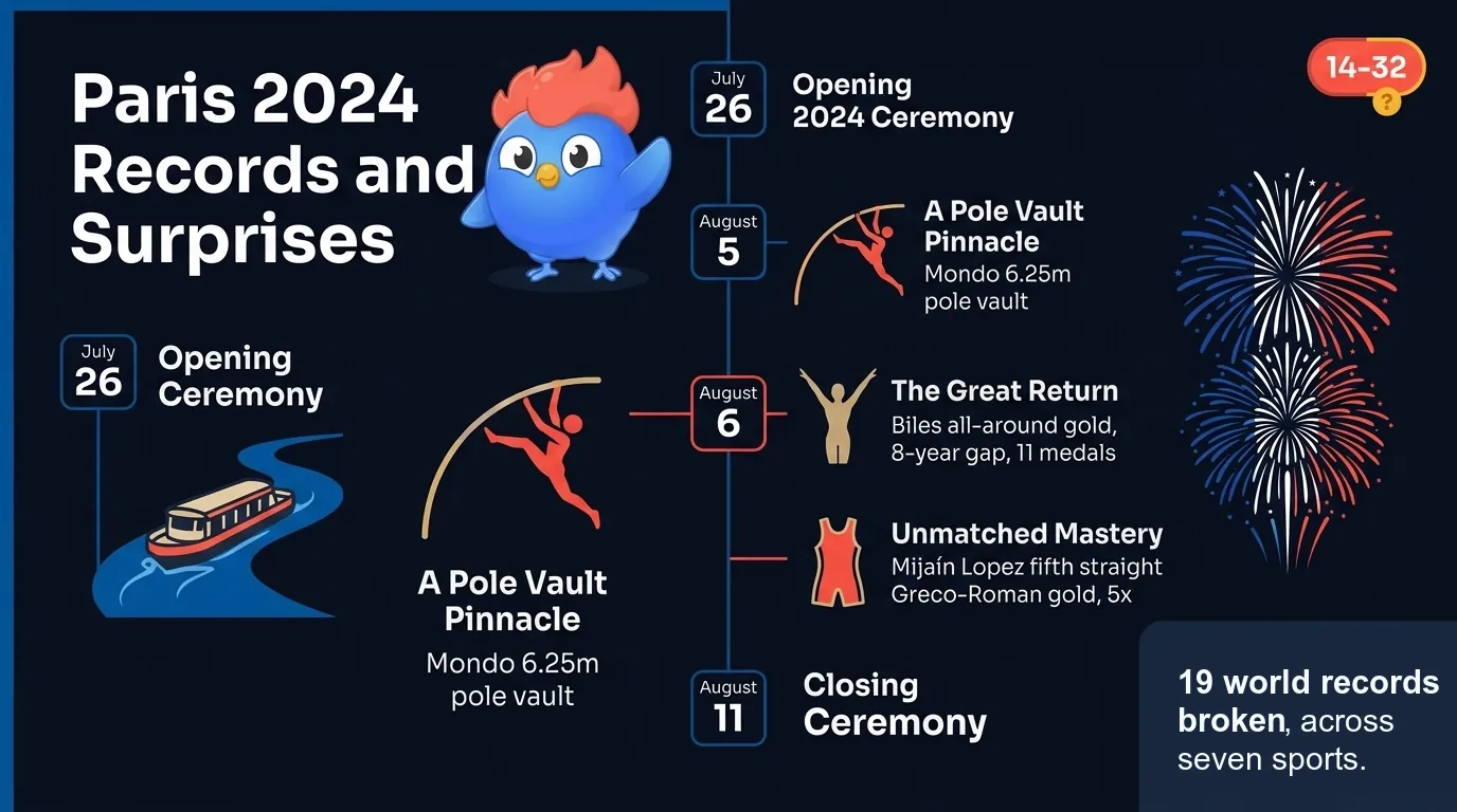 Paris-2024-Olympia-Rekord-Zeitleiste: Mondo Duplantis 6,25 m Stabhochsprung, Mijain Lopez 5-fach Greco-Roman-Gold, Simone Biles 8-Jahres-Lücke zwischen Mehrkampf-Gold, Katie Ledecky 800-m-Freistil-Viererfolge, 17 Weltrekorde gebrochen (niedrigste Zahl seit vor 2004), volle Geschlechterparität, Eröffnungsfeier auf der Seine