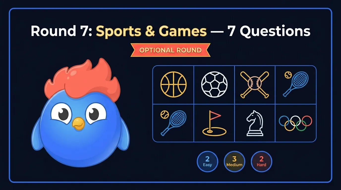 Round 7 Sports and Games icon set: basketball, soccer ball, baseball, tennis, golf, chess piece, Olympic rings across 7 questions, flagged optional