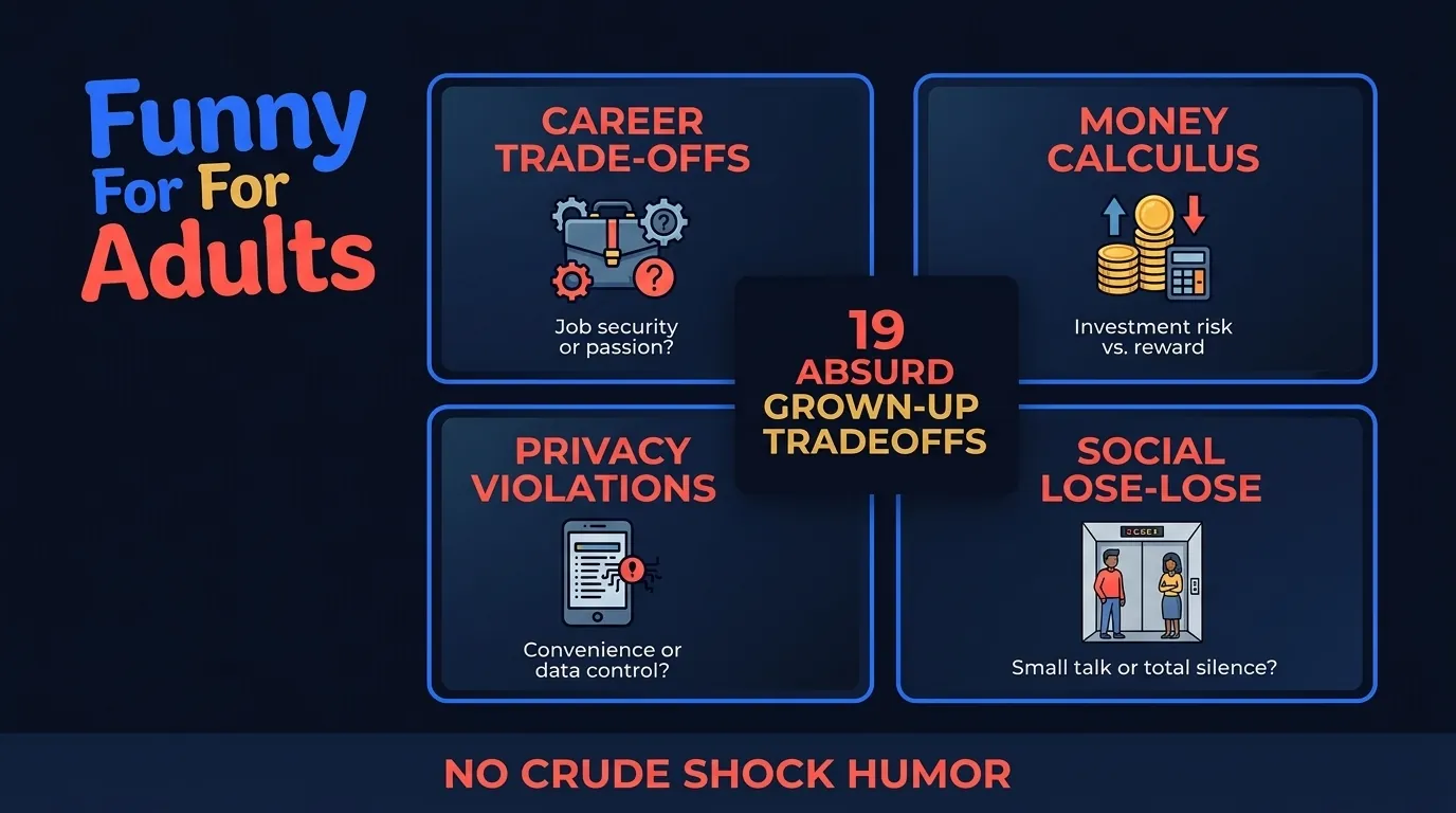 2x2 scenario grid showing career trade-offs, money choices, public privacy violations, and lose-lose social scenarios with 19 funny adult binary prompts represented as icon pairs