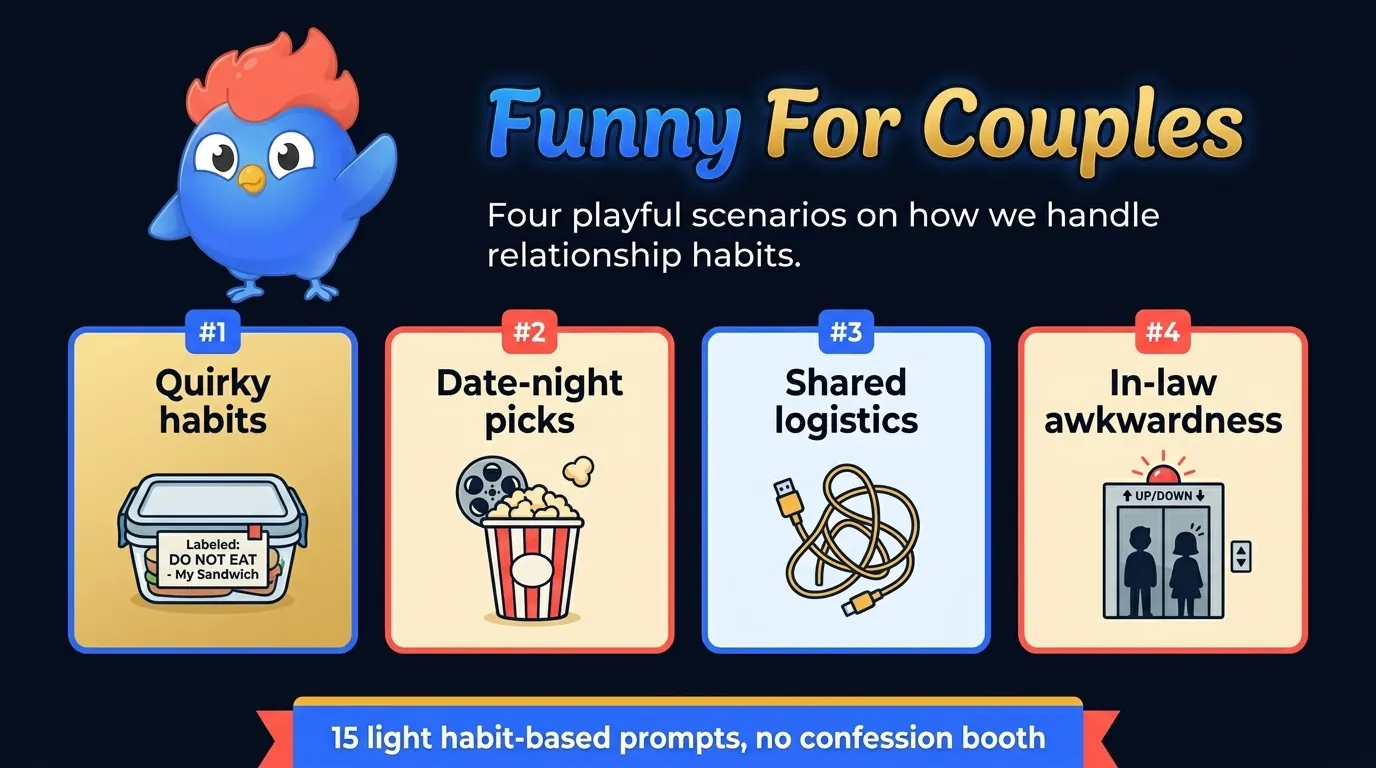 2x2 scenario grid for couples showing habit-based prompts split across date-night choices, partner quirks, in-laws, and shared living arrangements with 15 light forced-choice icon pairs