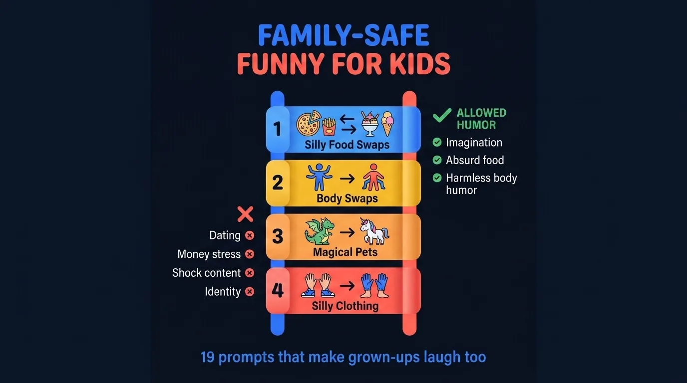 Family-safe ladder showing 19 kid prompts across food swaps, body swaps, animal pets, and silly clothing scenarios with allowed humor types in green checks and blocked humor types in coral X marks on the side