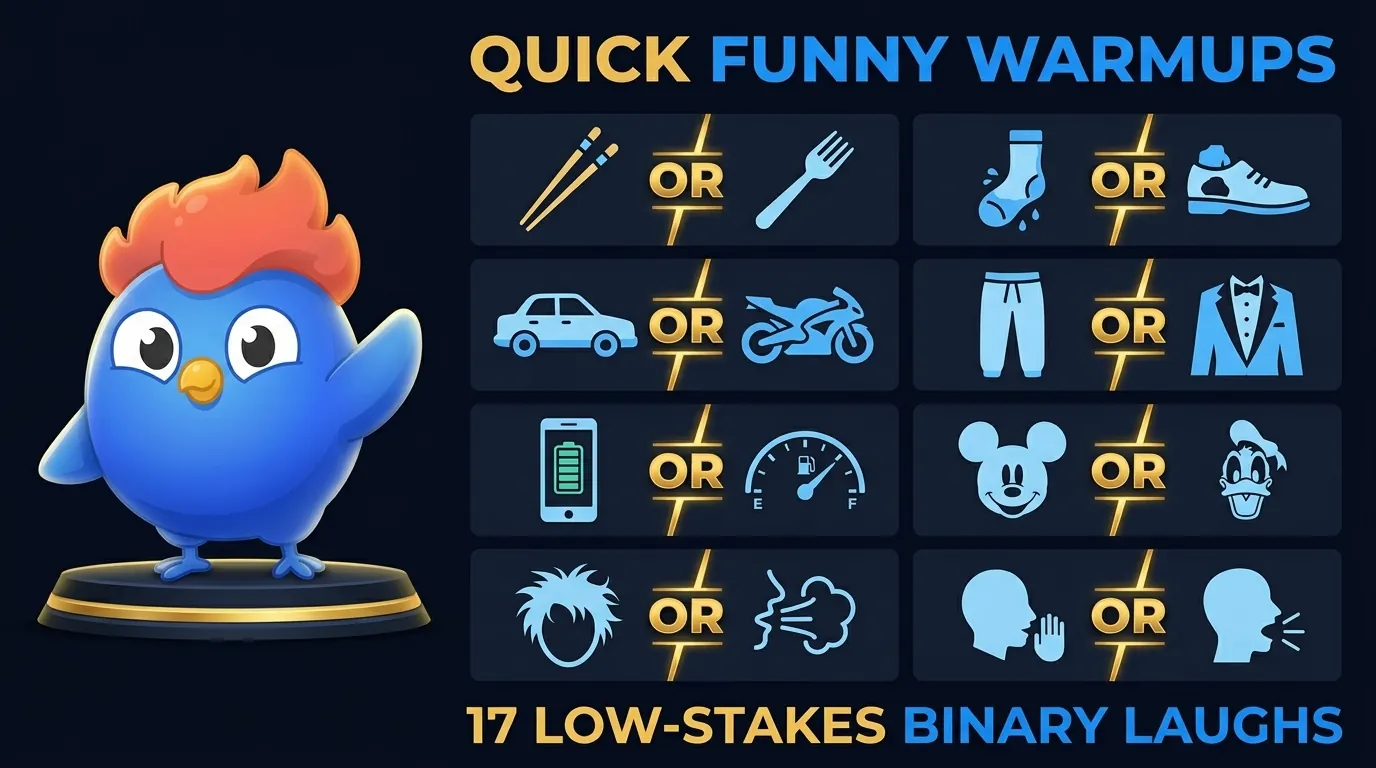 Pictogram grid showing 8 paired warmup choices: chopsticks vs fork, wet socks vs rock in shoe, slow car vs fast bike, sweatpants vs suit, full battery vs full gas tank, Mickey vs Donald voice, bad hair vs bad breath, whisper vs shout, all in clean line-icon style with OR dividers